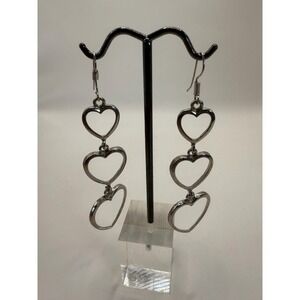 Vintage Silver Tone Triple Heart Dangle Earrings – Open Heart Drop Jewelry
